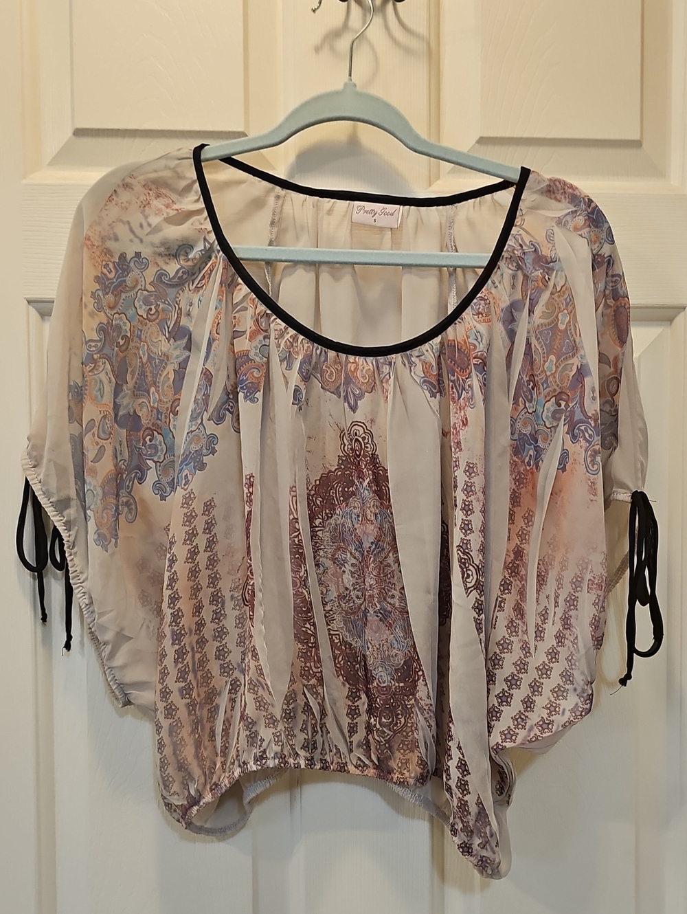 Pretty Good brand Size S Sheer Peasant Tunic in Cream, Dusty Blue, and Mauve